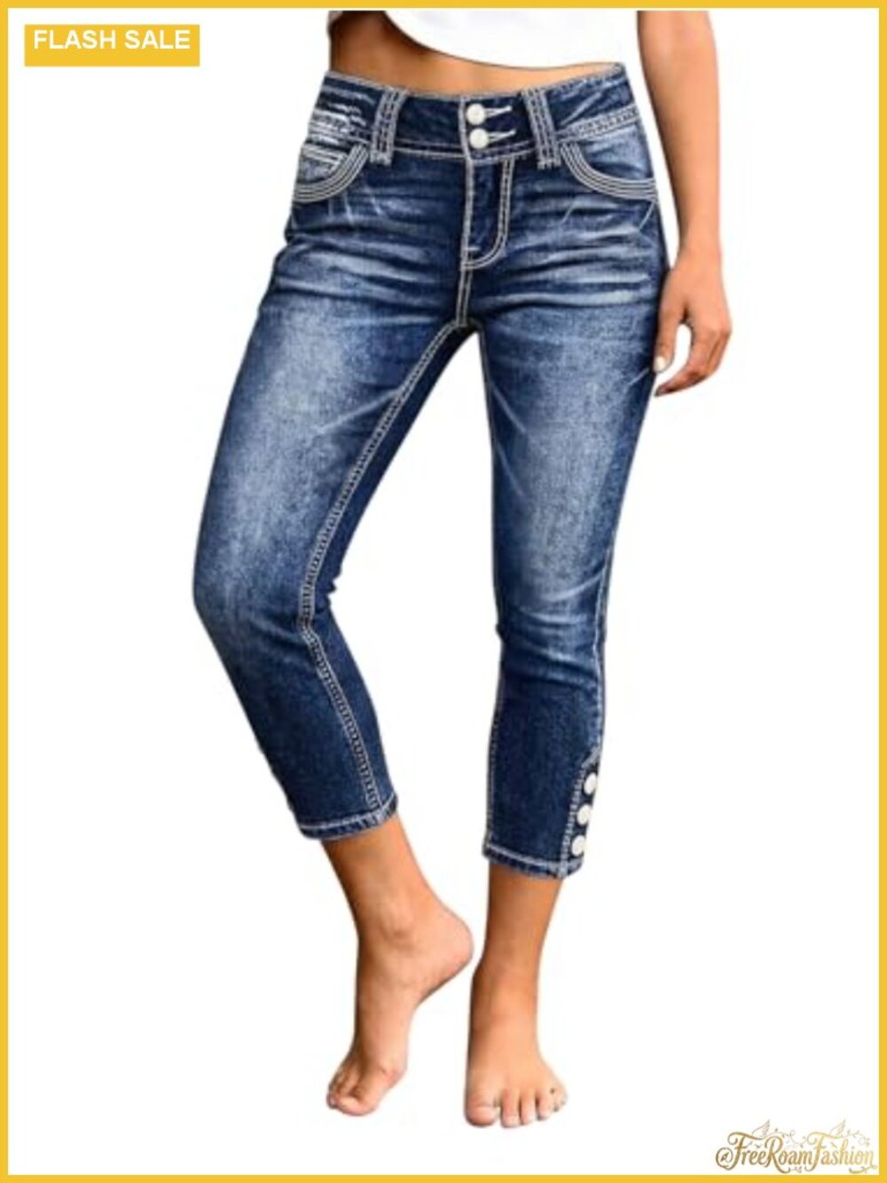 Skinny Mid Waist Crop Jeans Button Accent Pockets Casual
